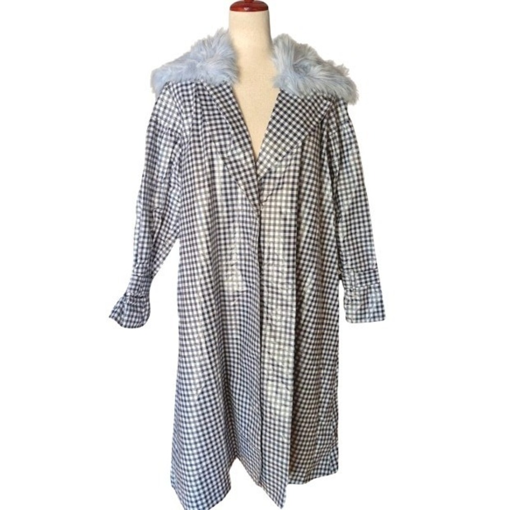 Shrimps Archer Gingham Coat with Blue Faux Fur Collar Black White Size UK10/US6